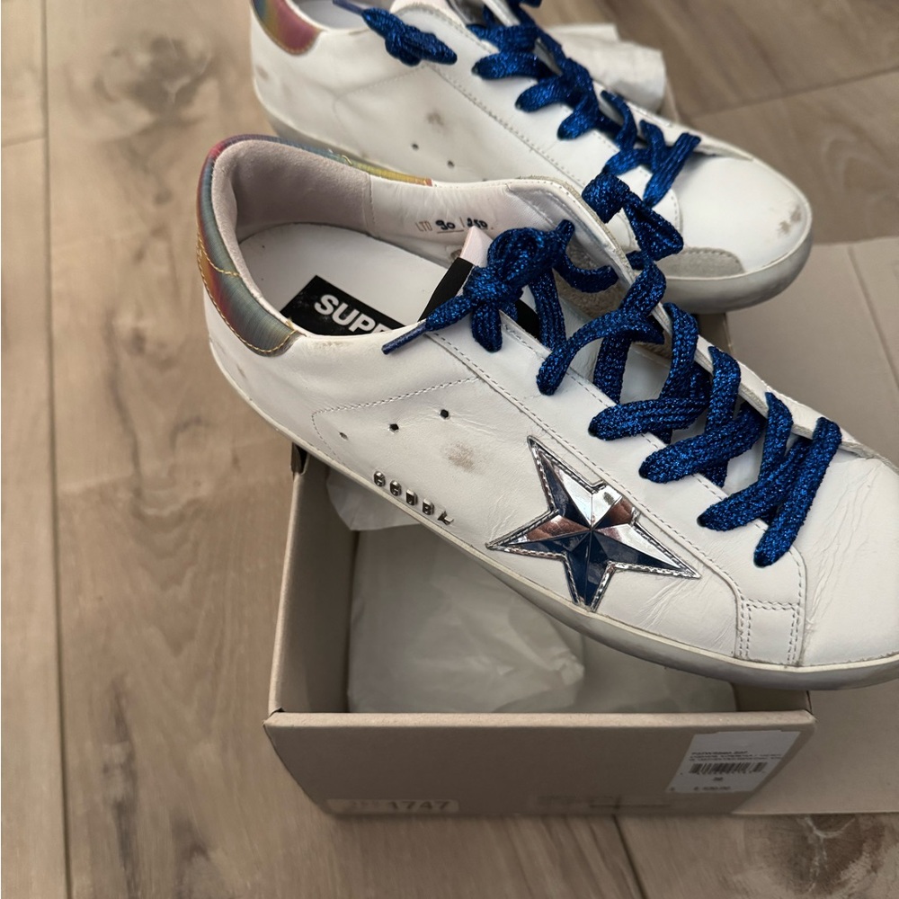 Golden Goose White Sneakers with Blue Laces